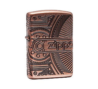 Zippo Gears Antique Copper Armor aansteker met 360 graden deep carve gravures van tandwielen en mechanische elementen in antieke koperkleur