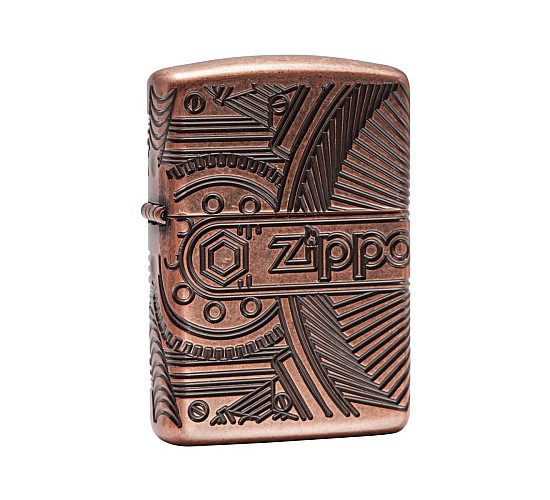 Zippo Gears Antique Copper Armor aansteker met 360 graden deep carve gravures van tandwielen en mechanische elementen in antieke koperkleur