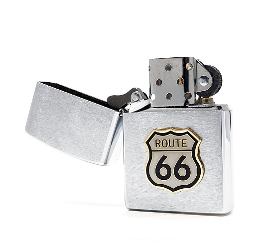 Chrome zippo route 66 logo open