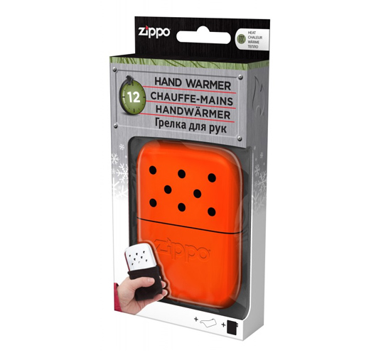 Oranje handwarmer in verpakking van Zippo