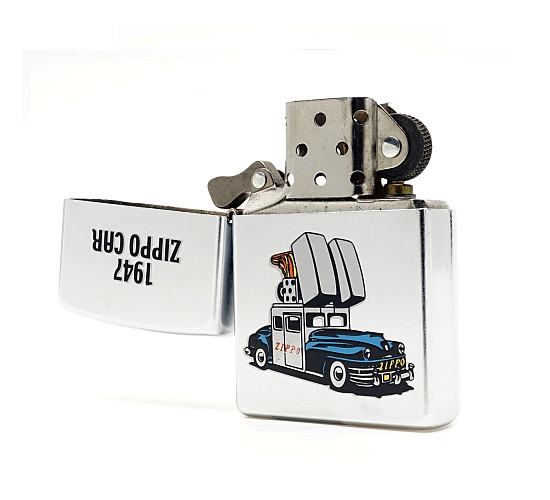 Zippo 1947 car chrome blauw geel