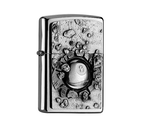 Zippo 8-ball billiard aansteker met chrome behuizing en geborsteld reliëf embleem van 8-ball inslag