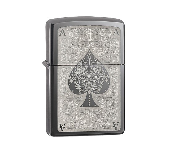 Zippo Ace Filigree aansteker met gepolijste Black ice afwerking en lasergegraveerd aaskaart motief