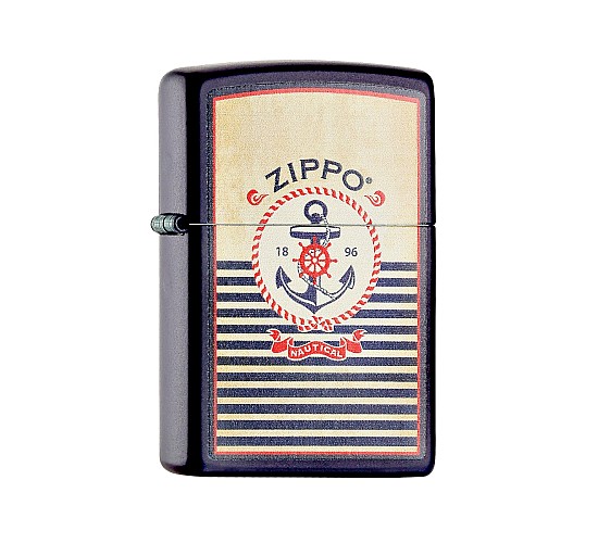 Zippo Anchor aansteker met matte donkerblauwe finish en nautisch anker en touwcirkel print