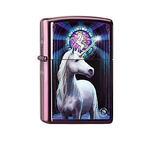 Zippo Anne Stokes Unicorn aansteker met witte eenhoorn print en paarse gepolijste abyss afwerking