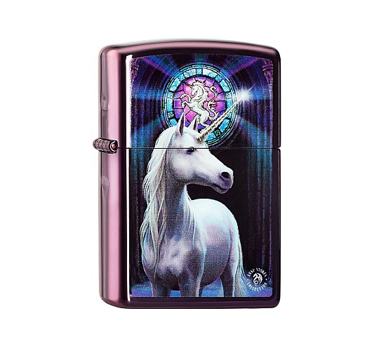 Zippo Anne Stokes Unicorn aansteker met witte eenhoorn print en paarse gepolijste abyss afwerking