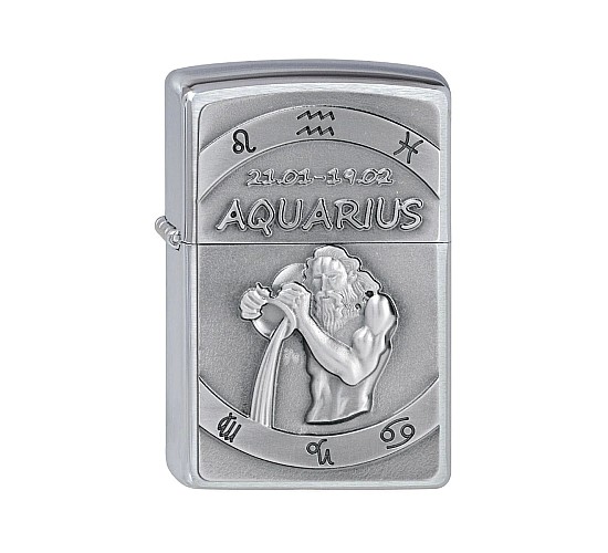 Zippo aansteker chrome regular met sterrenbeeld waterman Aquarius emblem en geborstelde afwerking