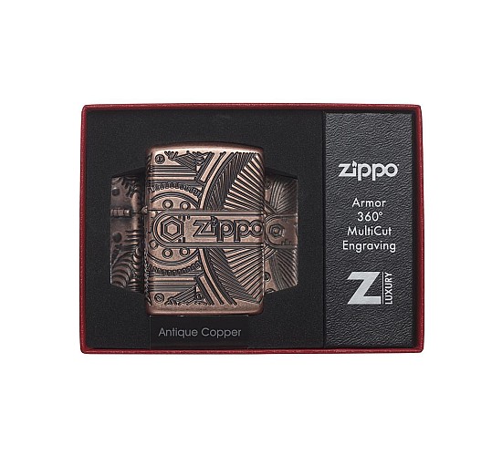 Zippo armor 360 gears antique copper multicut engraving