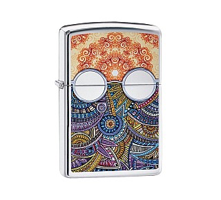 Zippo Boho regular met gepolijste chromen afwerking en kleurrijke boho print met twee hoogglans chrome spiegelogen