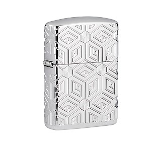 Zippo Boxes All Over Design chrome aansteker met diep gegraveerde diamant en hexagon patronen en rood epoxy vlamaccent