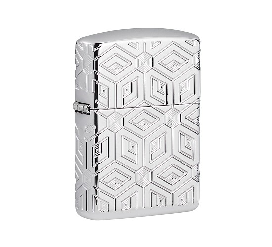 Zippo Boxes All Over Design chrome aansteker met diep gegraveerde diamant en hexagon patronen en rood epoxy vlamaccent