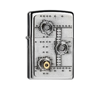Zippo Bullet Holes aansteker in Regular chrome met geborstelde afwerking en 3D kogelgat embleem