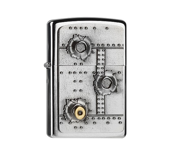 Zippo Bullet Holes aansteker in Regular chrome met geborstelde afwerking en 3D kogelgat embleem