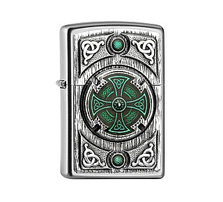 Zippo aansteker met groene Keltisch kruis en Keltische knoop op satin chromen behuizing