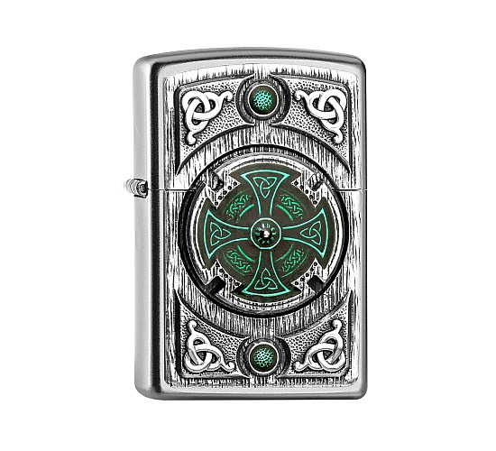 Zippo aansteker met groene Keltisch kruis en Keltische knoop op satin chromen behuizing