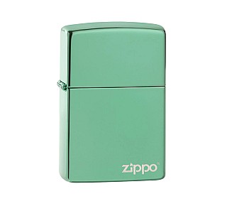 Zippo Chameleon + logo aansteker in gepolijst groen met zilver lasergegraveerd Zippo-logo