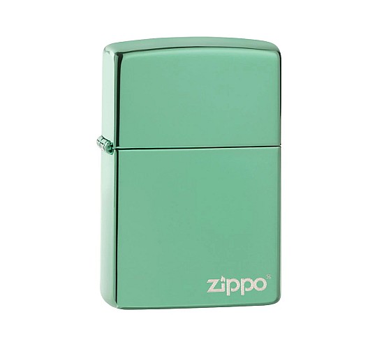 Zippo Chameleon + logo aansteker in gepolijst groen met zilver lasergegraveerd Zippo-logo