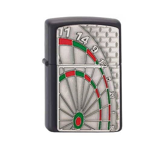 Zippo Dartboard aansteker met mat zwarte afwerking en dartbord embleem met epoxy inlay