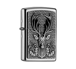 Zippo Deer 3D emblem regular aansteker in satin chrome met reliëf hert en bloemmotief
