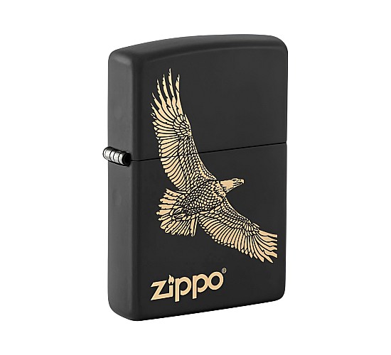 Zippo Eagle black matte aansteker met gouden lasergegraveerde arend en Zippo-logo