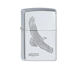 Zippo Eagle aansteker met gepolijste chrome finish en lasergegraveerde arend op voorkant