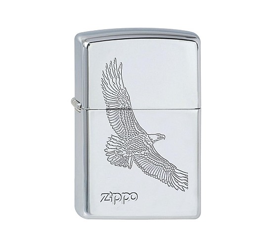 Zippo Eagle aansteker met gepolijste chrome finish en lasergegraveerde arend op voorkant