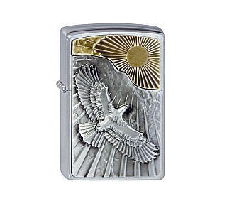 Zippo Eagle Sun-Fly emblem aansteker met chrome geborstelde afwerking en reliëf van vliegende arend tegen gouden zonsopgang