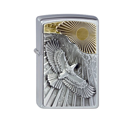 Zippo Eagle Sun-Fly emblem aansteker met chrome geborstelde afwerking en reliëf van vliegende arend tegen gouden zonsopgang
