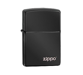 Zippo Ebony aansteker met zwarte gepolijste afwerking en lasergegraveerd logo