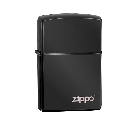 Zippo Ebony aansteker met zwarte gepolijste afwerking en lasergegraveerd logo