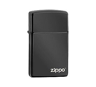 Zippo Ebony slim aansteker in gepolijst zwart met lasergegraveerd Zippo logo