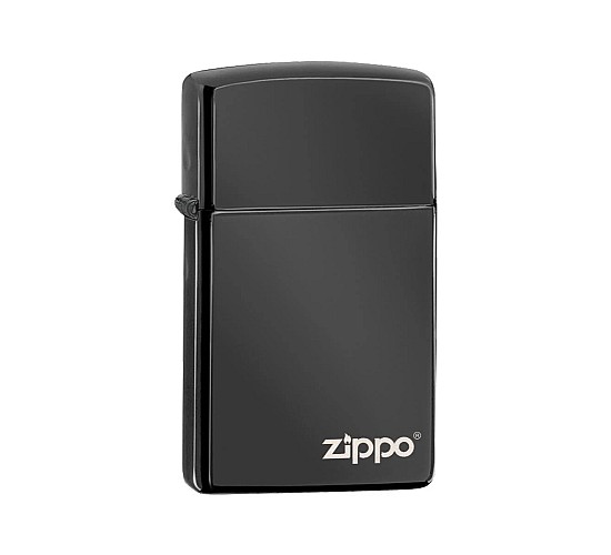 Zippo Ebony slim aansteker in gepolijst zwart met lasergegraveerd Zippo logo