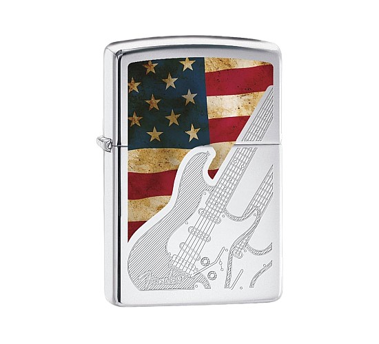 Zippo aansteker met gegraveerde Fender gitaar en print van de amerikaanse vlag, chrome gepolijst