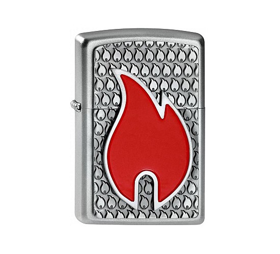 Zippo Flame embleem aansteker met satin chrome afwerking en groot rood vlam-embleem op reliëf van kleine chromen vlammetjes