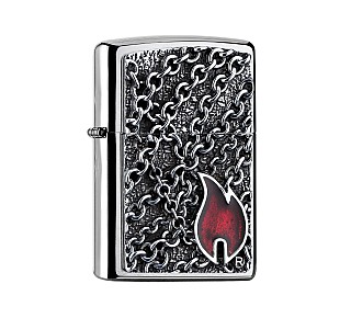 Zippo Flame with Chains aansteker met chromen geborstelde afwerking, 3D kettingenpatroon en rood Zippo-vlam embleem