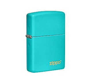 Zippo Flat Turquoise aansteker met matte coating en laser gegraveerd gouden Zippo logo rechtsonder