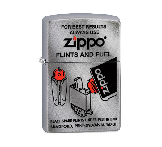 Zippo Flint & fuel aansteker met geborstelde chrome afwerking en duidelijke zwarte print met rode accenten