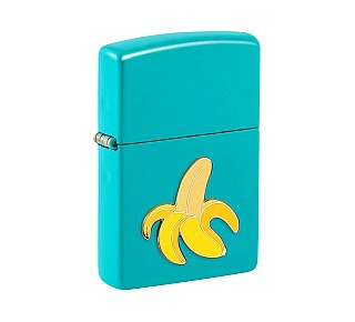 Zippo Foodie Banana aansteker in turquoise met geel bananenembleem in epoxy inlay flat color afwerking