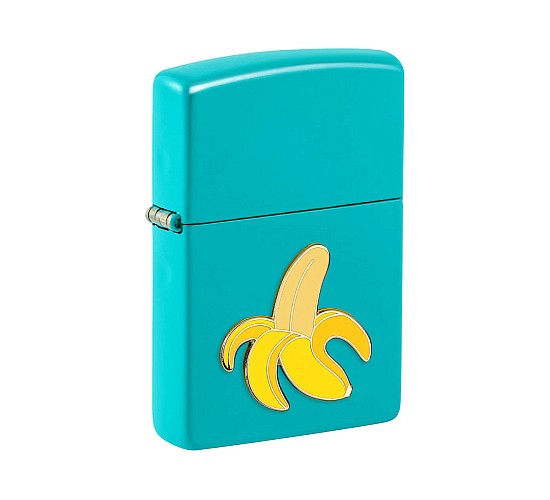 Zippo Foodie Banana aansteker in turquoise met geel bananenembleem in epoxy inlay flat color afwerking