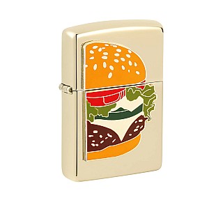 Zippo Foodie Burger aansteker met gepolijste champagne afwerking en epoxy inlay embleem van een hamburger met kaas, sla en tomaat