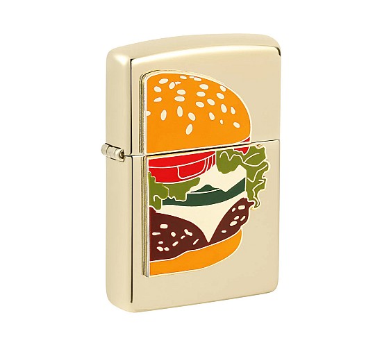 Zippo Foodie Burger aansteker met gepolijste champagne afwerking en epoxy inlay embleem van een hamburger met kaas, sla en tomaat
