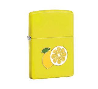 Zippo Foodie Lemon matte gele aansteker met felgeel citroen-embleem en groen blad