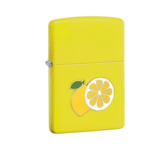 Zippo Foodie Lemon matte gele aansteker met felgeel citroen-embleem en groen blad