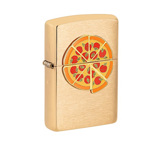Zippo Foodie Pizza aansteker met geborstelde messing afwerking en kleurig epoxy pizza-embleem