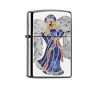 Zippo Fusion Blue Angel aansteker met gepolijste chrome afwerking en kleurrijk fusion-motief van engel