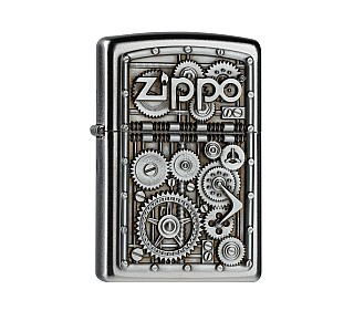 Zilverkleurige Zippo Gear Wheels aansteker met satin chromen afwerking en gedetailleerde 3D gravure van tandwielen en schroeven