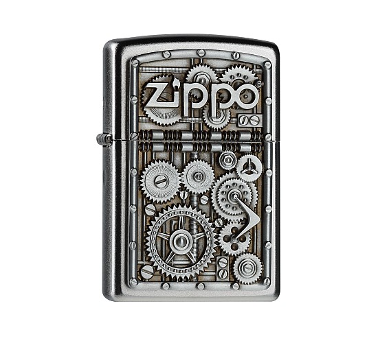 Zilverkleurige Zippo Gear Wheels aansteker met satin chromen afwerking en gedetailleerde 3D gravure van tandwielen en schroeven