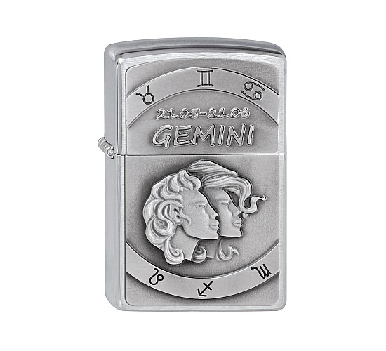 Zippo Gemini emblem aansteker met geborstelde zilveren afwerking en reliëf Tweelingen design