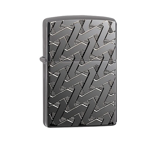 Zippo Armor High Polish Black Ice aansteker met diep gegraveerd geometric weave patroon voorkant
