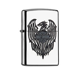 Zippo Harley-Davidson Black dragon met gepolijste chrome afwerking en zwart gedetailleerd draakmotief en Harley-Davidson logo